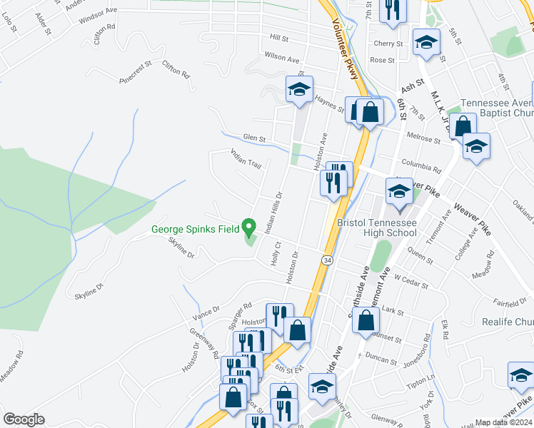 map of restaurants, bars, coffee shops, grocery stores, and more near 1216 Indian Hills Drive in Bristol