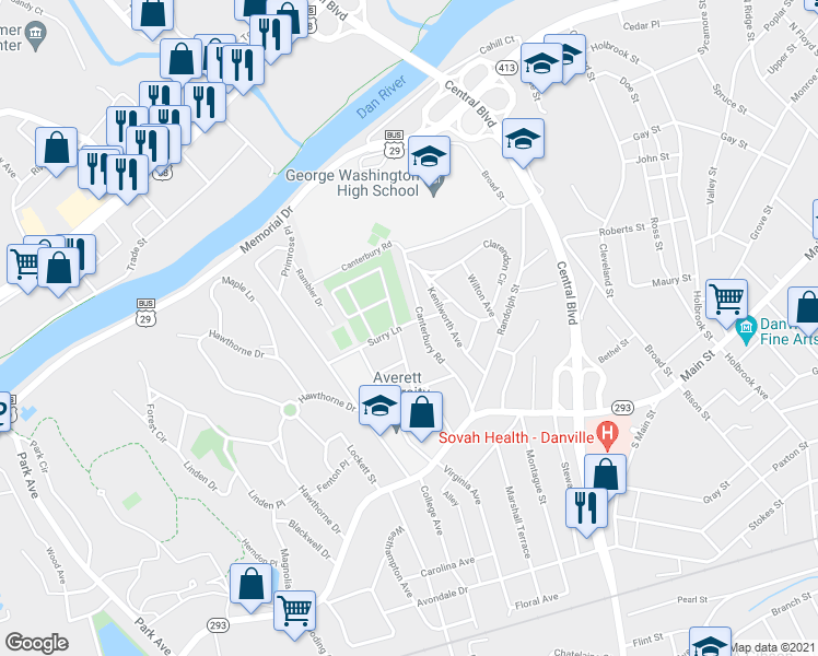 map of restaurants, bars, coffee shops, grocery stores, and more near 213 Surry Lane in Danville