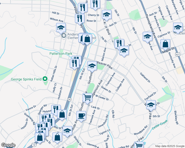 map of restaurants, bars, coffee shops, grocery stores, and more near 1112 Edgemont Avenue in Bristol