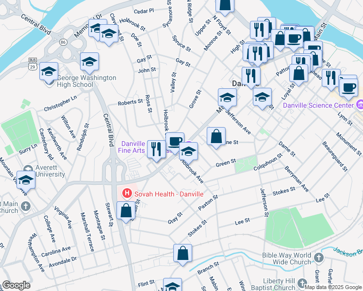 map of restaurants, bars, coffee shops, grocery stores, and more near 968 Main Street in Danville