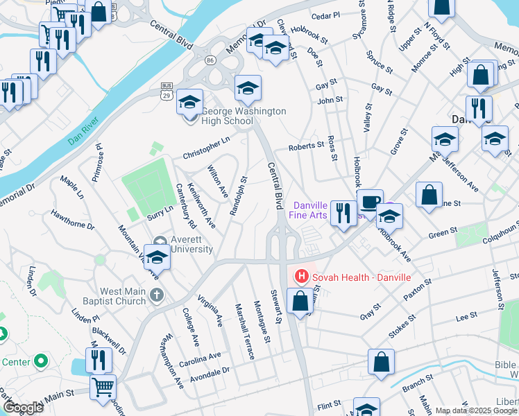 map of restaurants, bars, coffee shops, grocery stores, and more near 240 Lady Astor Place in Danville