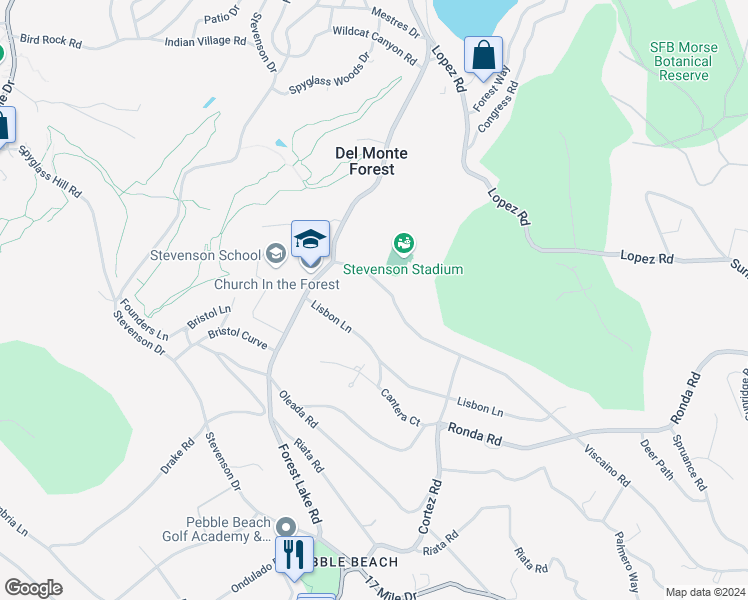 map of restaurants, bars, coffee shops, grocery stores, and more near 1268 Viscaino Road in Del Monte Forest