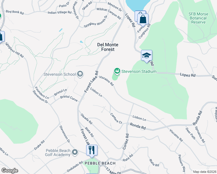 map of restaurants, bars, coffee shops, grocery stores, and more near 1268 Viscaino Road in Del Monte Forest