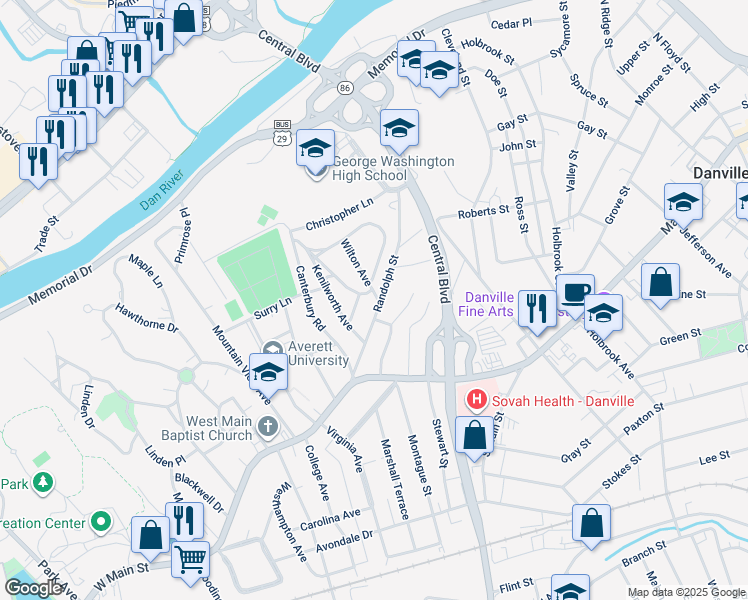 map of restaurants, bars, coffee shops, grocery stores, and more near 101 Wilton Avenue in Danville