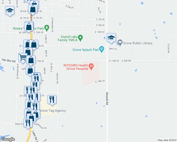 map of restaurants, bars, coffee shops, grocery stores, and more near 900 East 13th Street in Grove