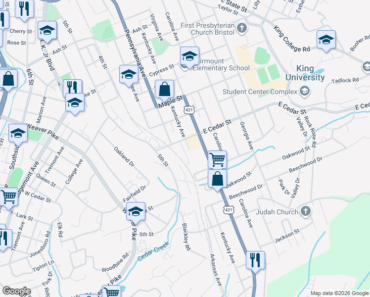 map of restaurants, bars, coffee shops, grocery stores, and more near 220 East Cedar Street in Bristol