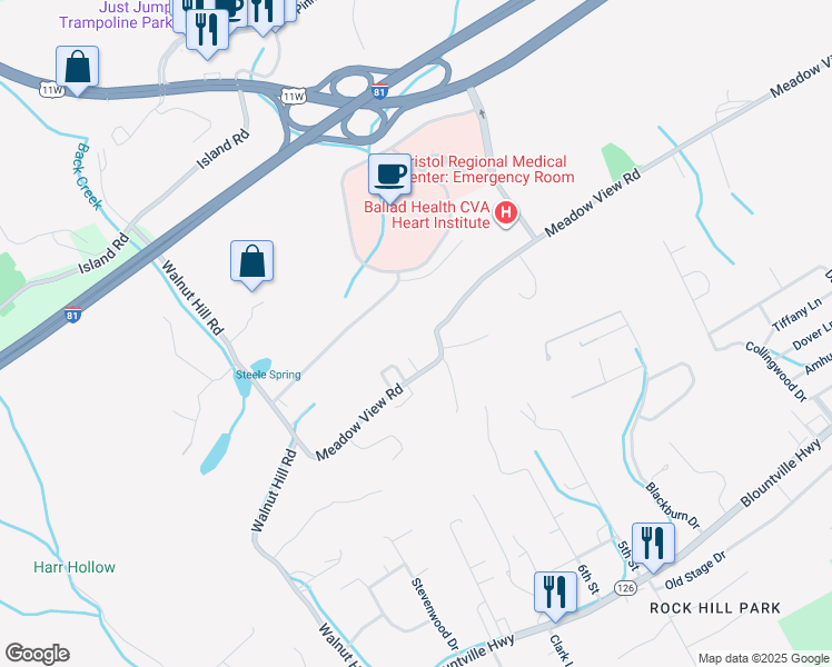 map of restaurants, bars, coffee shops, grocery stores, and more near 826 Meadow View Road in Bristol