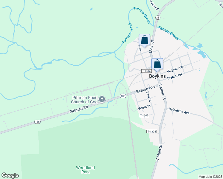 map of restaurants, bars, coffee shops, grocery stores, and more near 17543 Green Street Crescent in Boykins