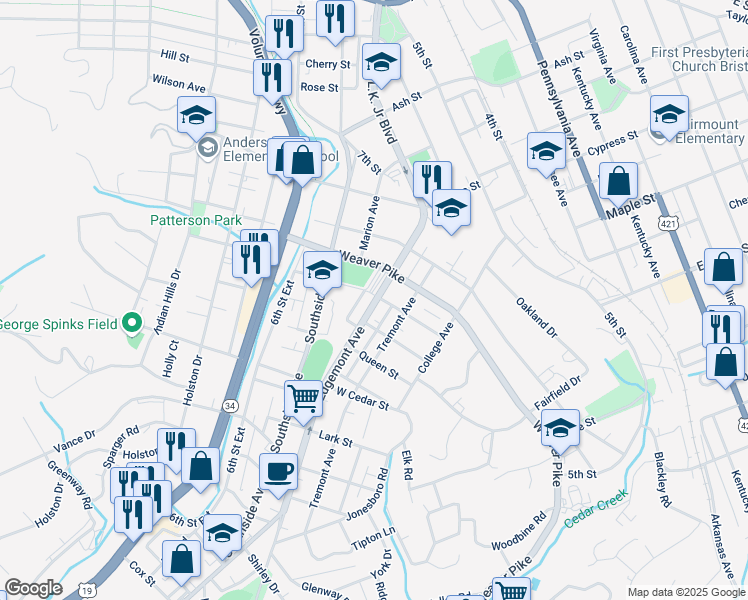 map of restaurants, bars, coffee shops, grocery stores, and more near 1112 Edgemont Avenue in Bristol