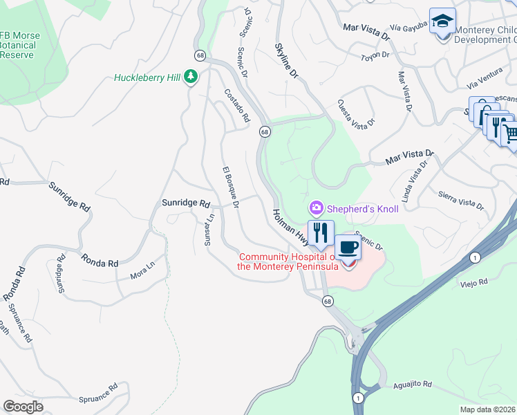 map of restaurants, bars, coffee shops, grocery stores, and more near 4106 Crest Road in Del Monte Forest