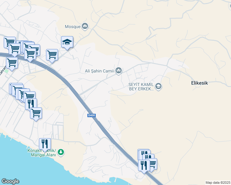 map of restaurants, bars, coffee shops, grocery stores, and more near İsimsiz Yol in Alanya