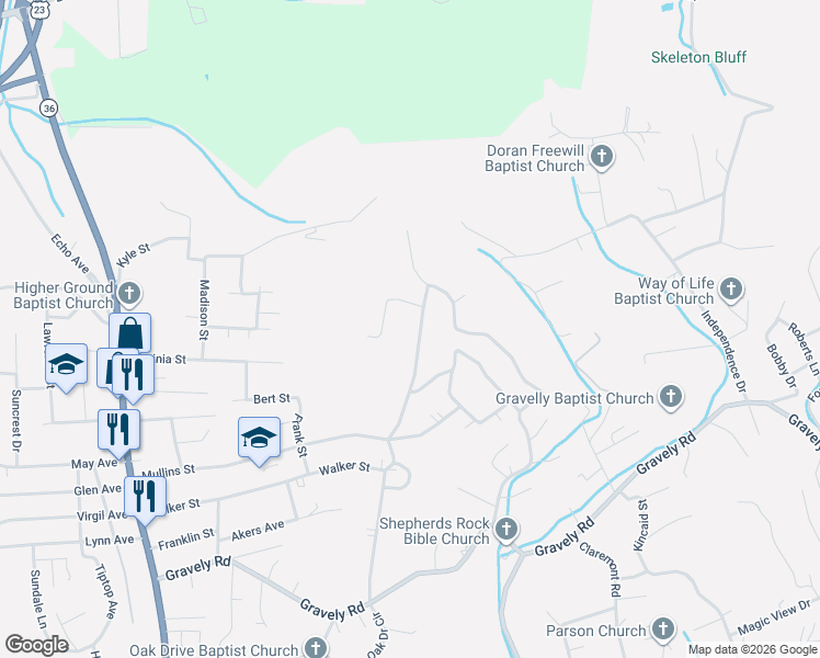 map of restaurants, bars, coffee shops, grocery stores, and more near 1257 Ridgecrest Avenue in Kingsport