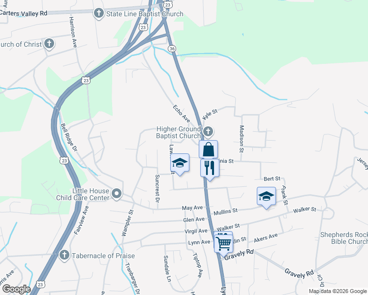 map of restaurants, bars, coffee shops, grocery stores, and more near 1605 Arbor Place in Kingsport