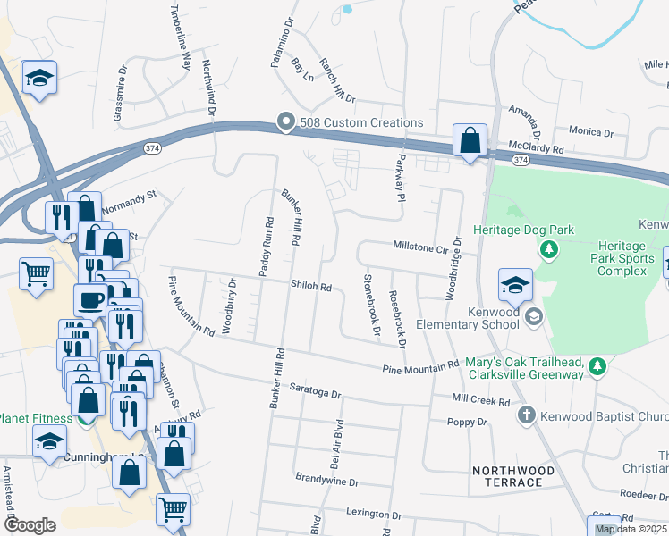 map of restaurants, bars, coffee shops, grocery stores, and more near 1203 Verkler Drive in Clarksville