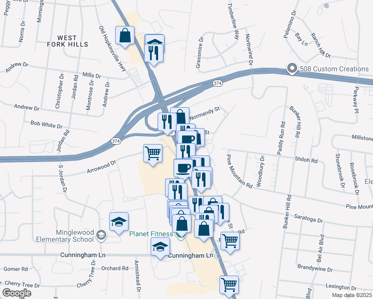 map of restaurants, bars, coffee shops, grocery stores, and more near 1685 Fort Campbell Boulevard in Clarksville