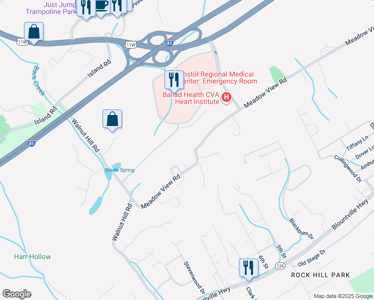 map of restaurants, bars, coffee shops, grocery stores, and more near 826 Meadow View Road in Bristol