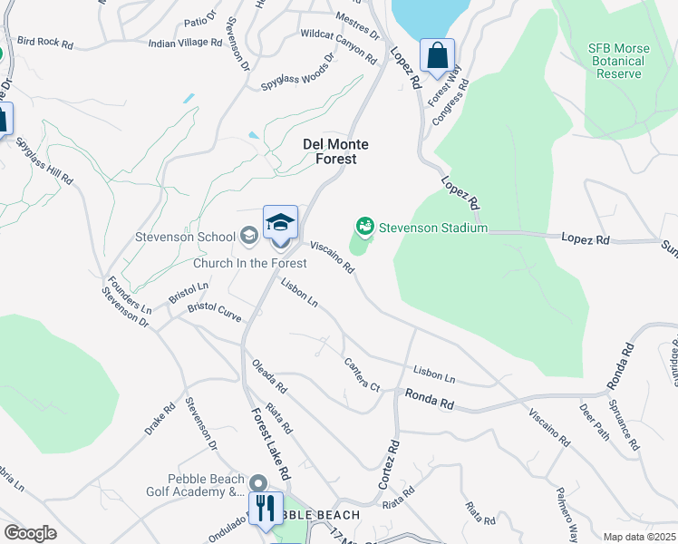 map of restaurants, bars, coffee shops, grocery stores, and more near 1268 Viscaino Road in Del Monte Forest