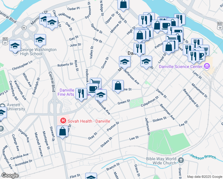 map of restaurants, bars, coffee shops, grocery stores, and more near 136 Chestnut Street in Danville