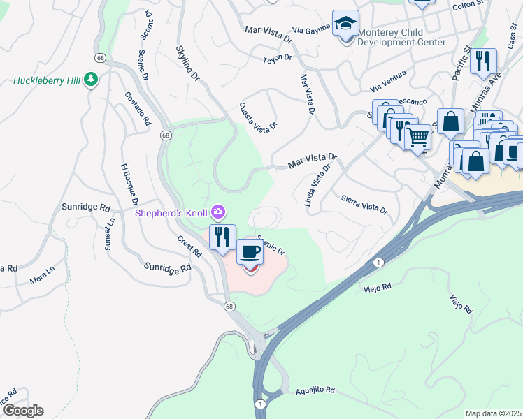 map of restaurants, bars, coffee shops, grocery stores, and more near 26 Shepherds Knoll Road in Monterey