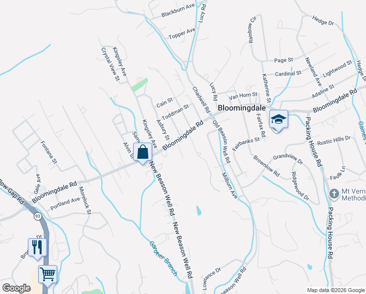 map of restaurants, bars, coffee shops, grocery stores, and more near 105 Marietta St in Kingsport