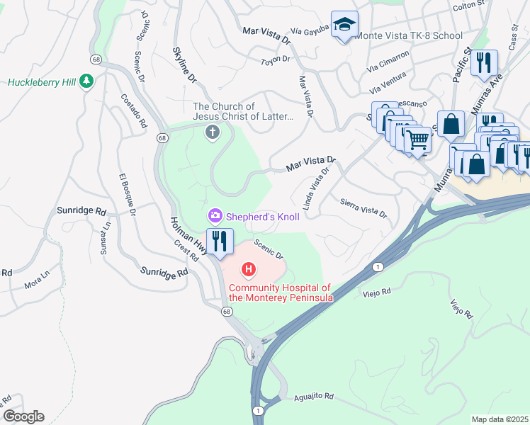 map of restaurants, bars, coffee shops, grocery stores, and more near in Del Monte Forest