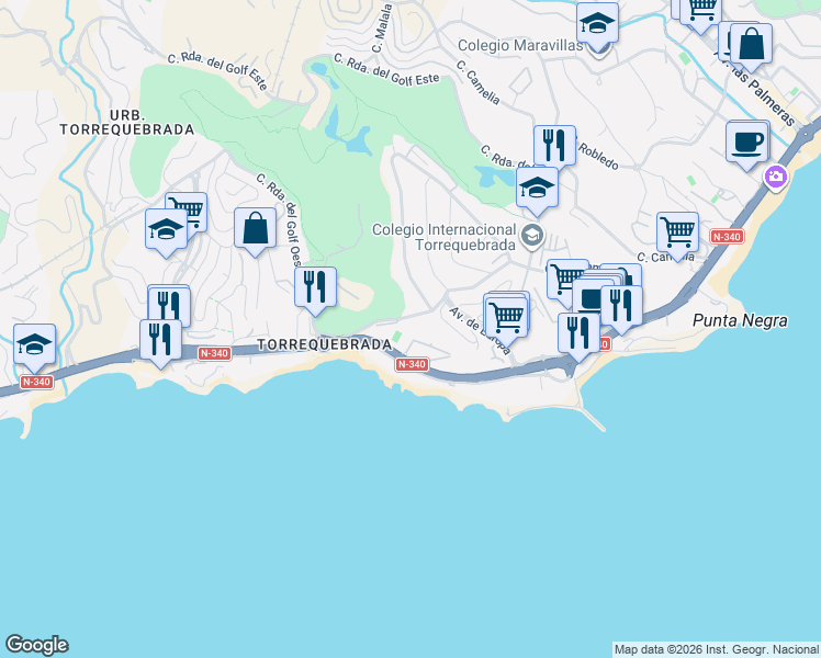 map of restaurants, bars, coffee shops, grocery stores, and more near 3 Calle Ronda del Golf Oeste in Benalmádena