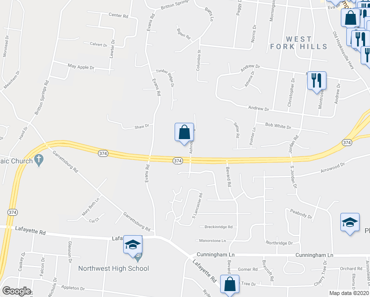 map of restaurants, bars, coffee shops, grocery stores, and more near 1100 Ashridge Drive in Clarksville
