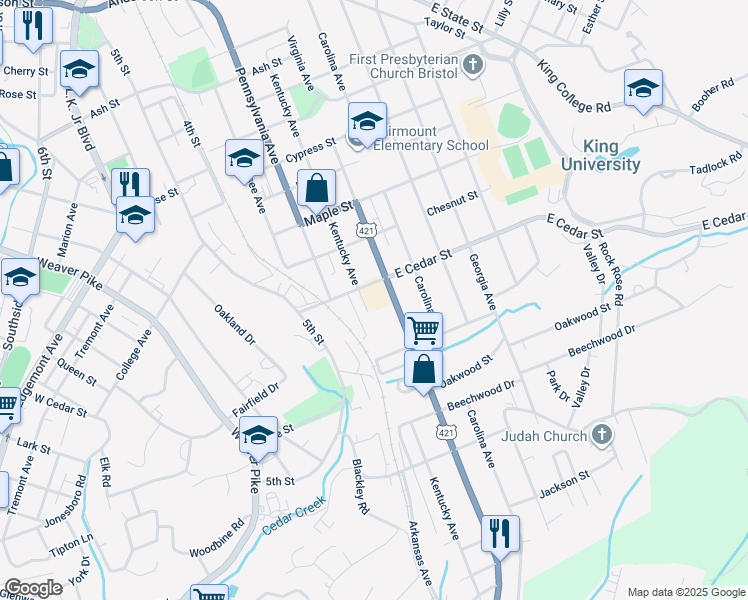 map of restaurants, bars, coffee shops, grocery stores, and more near 1212 Virginia Avenue in Bristol