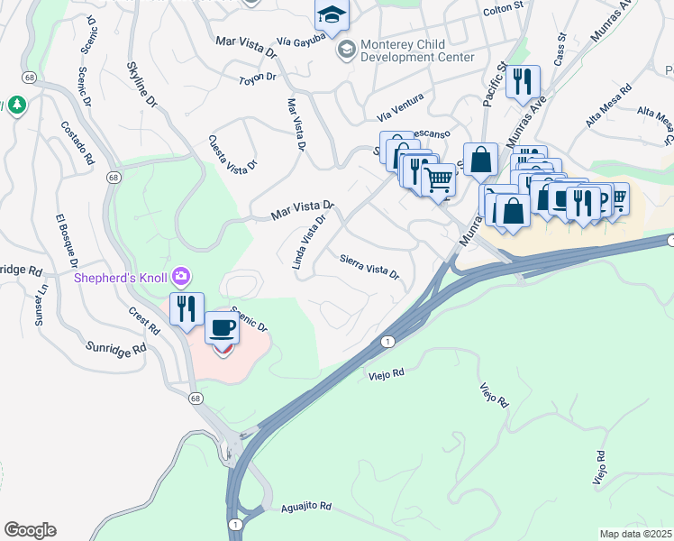 map of restaurants, bars, coffee shops, grocery stores, and more near 5 Cielo Vista Drive in Monterey