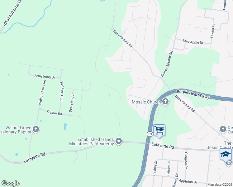 map of restaurants, bars, coffee shops, grocery stores, and more near 1252 Kendall Drive in Clarksville