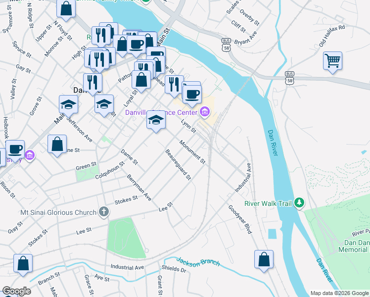 map of restaurants, bars, coffee shops, grocery stores, and more near 655-675 Monument St in Danville