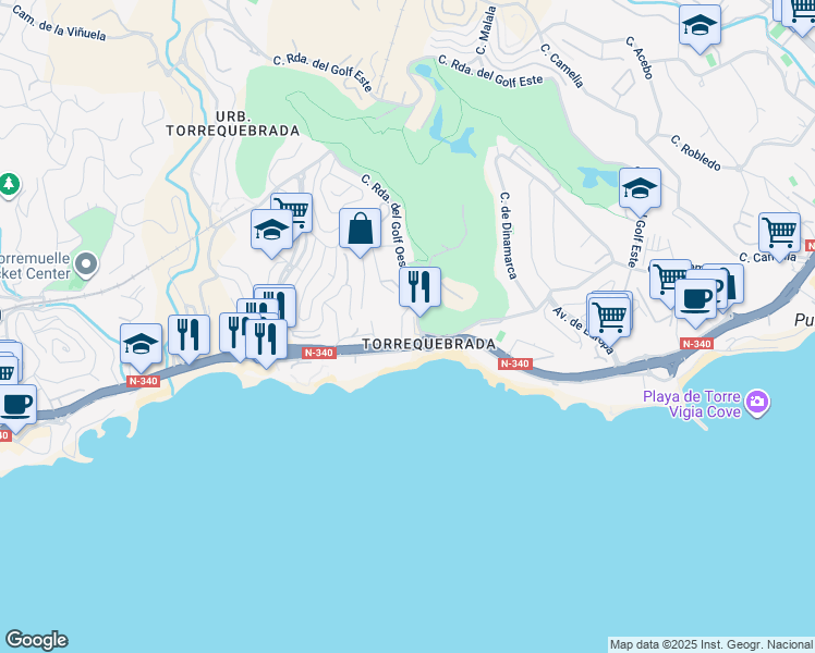 map of restaurants, bars, coffee shops, grocery stores, and more near 75 Calle Ronda del Golf Oeste in Benalmádena