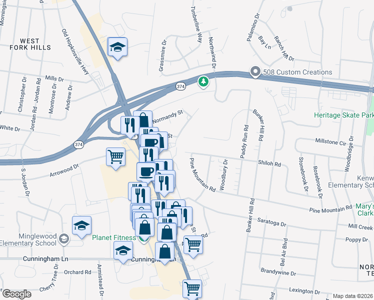 map of restaurants, bars, coffee shops, grocery stores, and more near 201 Shiloh Road in Clarksville