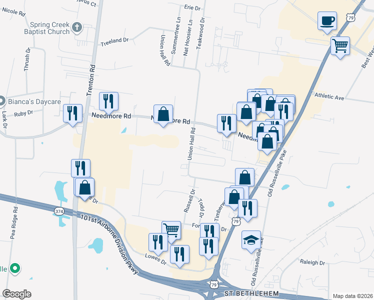 map of restaurants, bars, coffee shops, grocery stores, and more near 2618 Union Hall Road in Clarksville