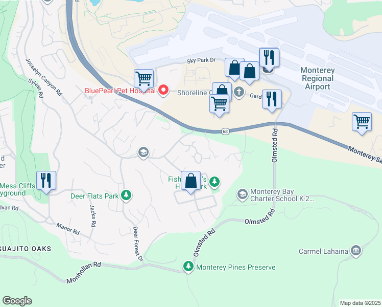 map of restaurants, bars, coffee shops, grocery stores, and more near 1360 Josselyn Canyon Road in Monterey