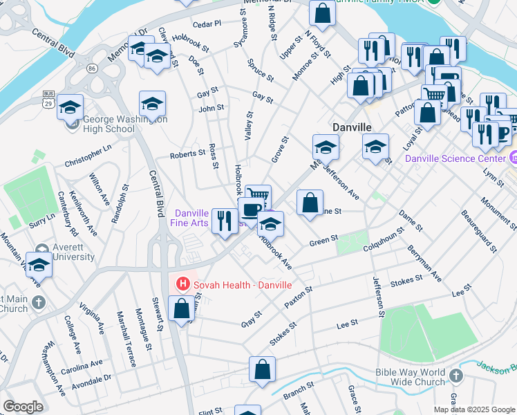 map of restaurants, bars, coffee shops, grocery stores, and more near 968 Main Street in Danville