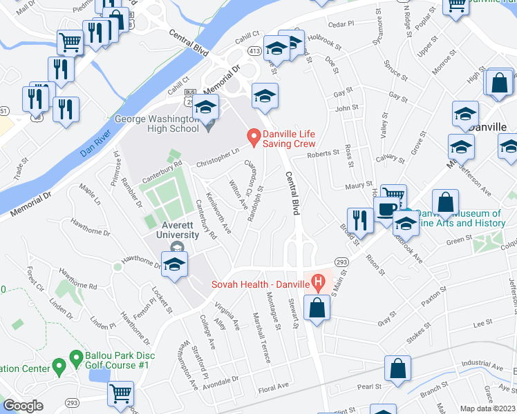 map of restaurants, bars, coffee shops, grocery stores, and more near 406 Randolph Street in Danville