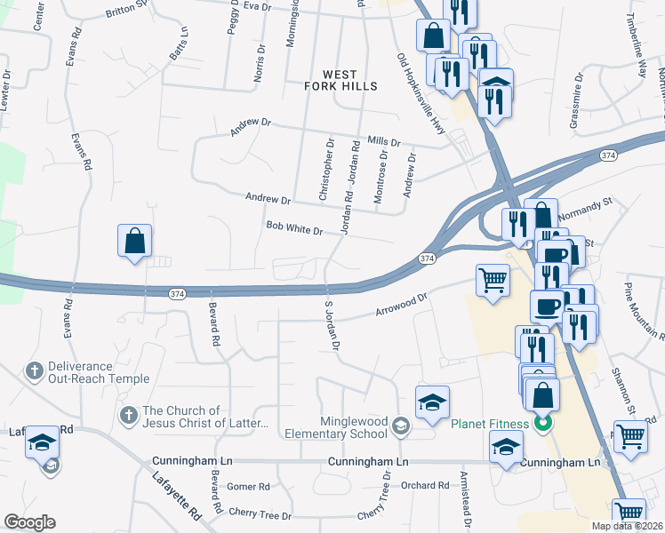 map of restaurants, bars, coffee shops, grocery stores, and more near 209 Quail Ridge Road in Clarksville