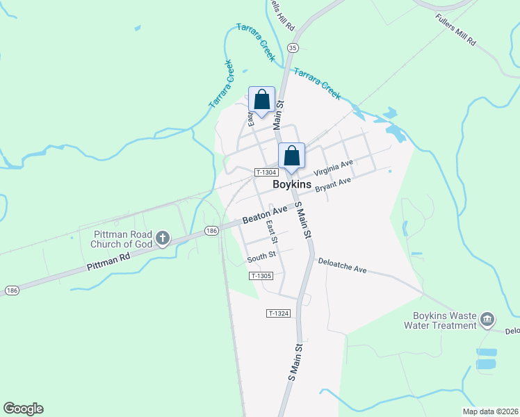 map of restaurants, bars, coffee shops, grocery stores, and more near 32192 Broad Street in Boykins