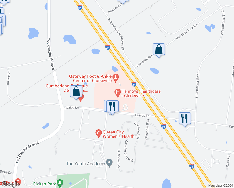 map of restaurants, bars, coffee shops, grocery stores, and more near 651 Dunlop Lane in Clarksville