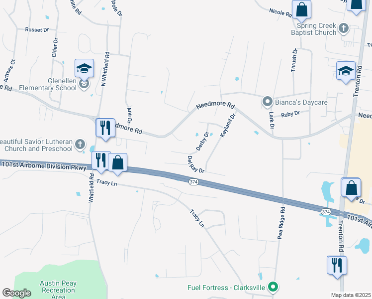 map of restaurants, bars, coffee shops, grocery stores, and more near 2658 Derby Drive in Clarksville
