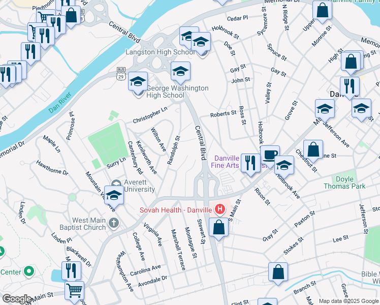 map of restaurants, bars, coffee shops, grocery stores, and more near 237 Lady Astor Place in Danville