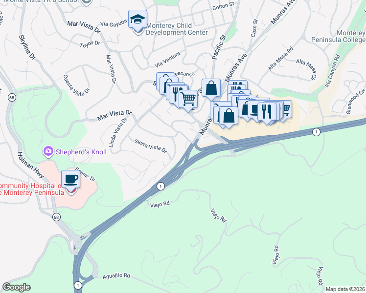 map of restaurants, bars, coffee shops, grocery stores, and more near 3 Vía Zaragosa in Monterey