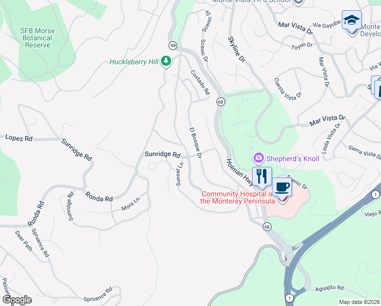 map of restaurants, bars, coffee shops, grocery stores, and more near 1303 Chamisal Way in Del Monte Forest