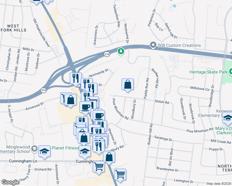 map of restaurants, bars, coffee shops, grocery stores, and more near 201 Shiloh Road in Clarksville