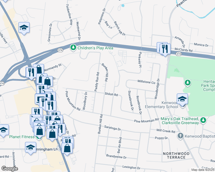 map of restaurants, bars, coffee shops, grocery stores, and more near 605 Bunker Hill Road in Clarksville