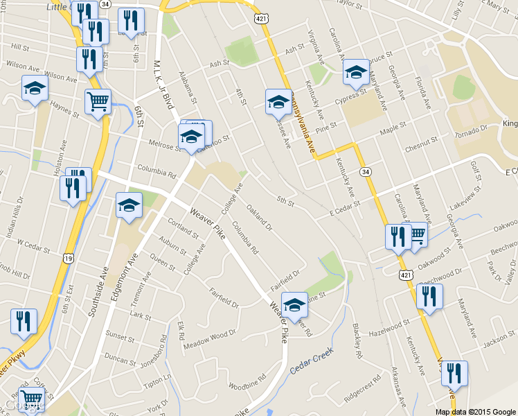 map of restaurants, bars, coffee shops, grocery stores, and more near 1023 Oakland Dr in Bristol
