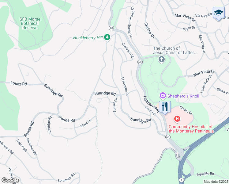 map of restaurants, bars, coffee shops, grocery stores, and more near 4097 Sunridge Road in Del Monte Forest