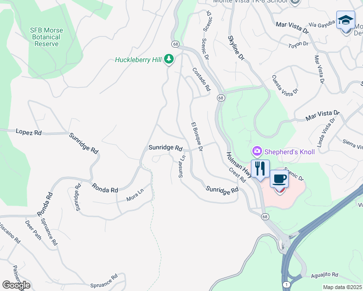 map of restaurants, bars, coffee shops, grocery stores, and more near 4097 Sunridge Road in Del Monte Forest