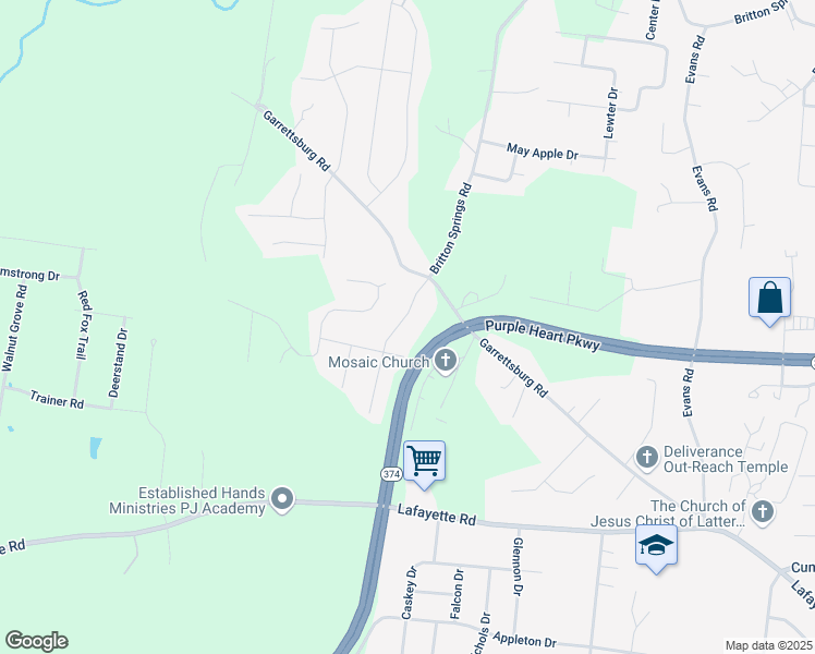 map of restaurants, bars, coffee shops, grocery stores, and more near 1210 Hand Drive in Clarksville
